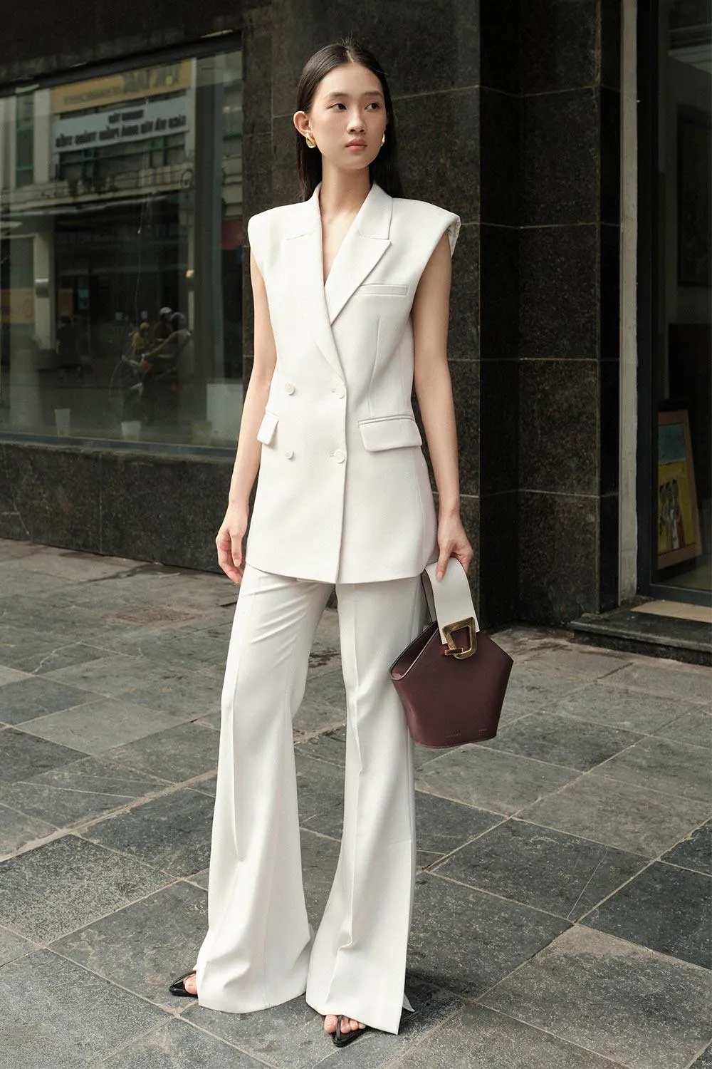 Nica Straight Double Breasted Crepe Blazer