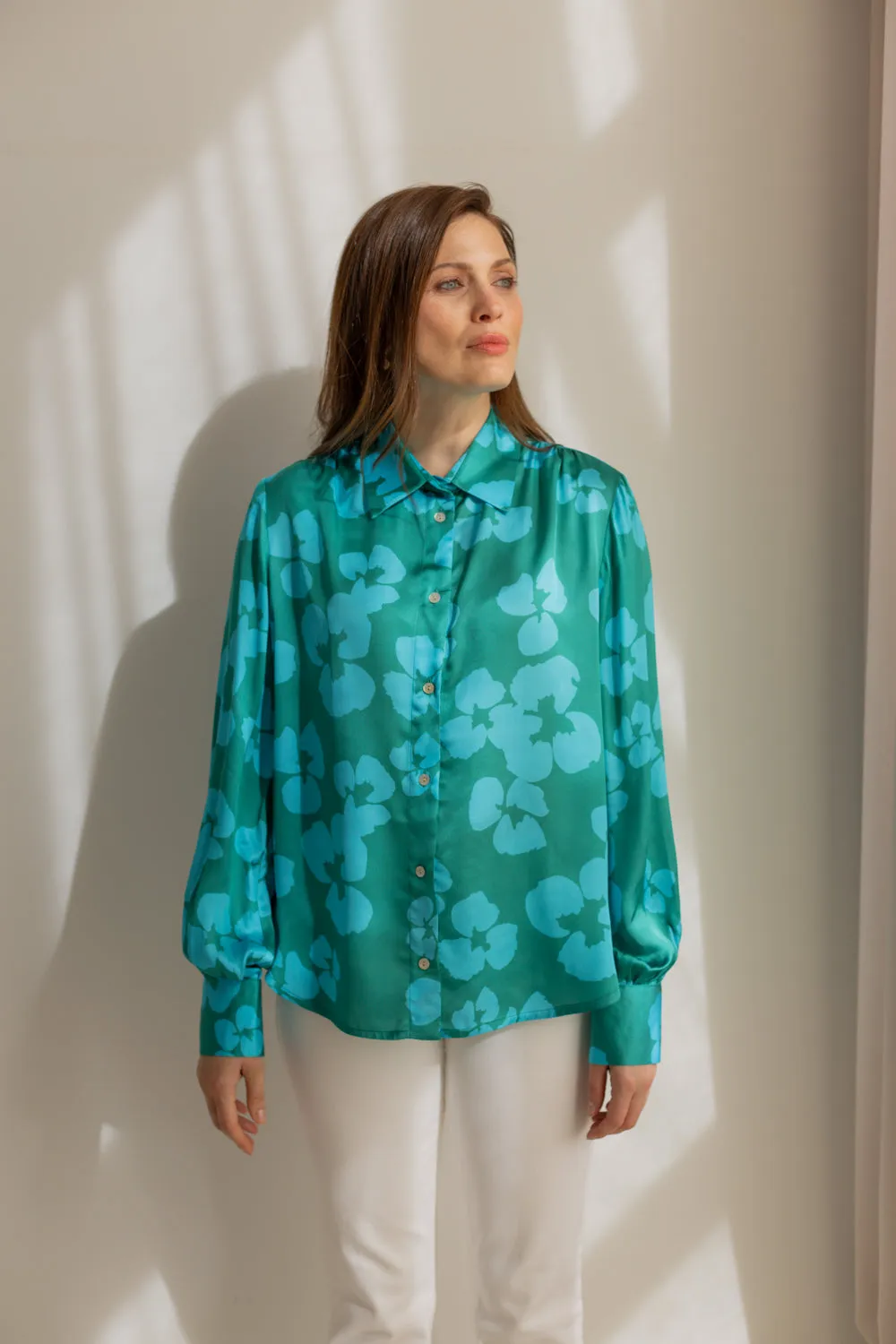 Noel Button-up Shirt Flowers Green