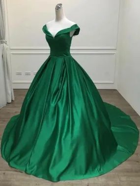 Off Shoulder Green Satin Long Prom Dresses with Train, Off the Shoulder Green Formal Evening Dresses