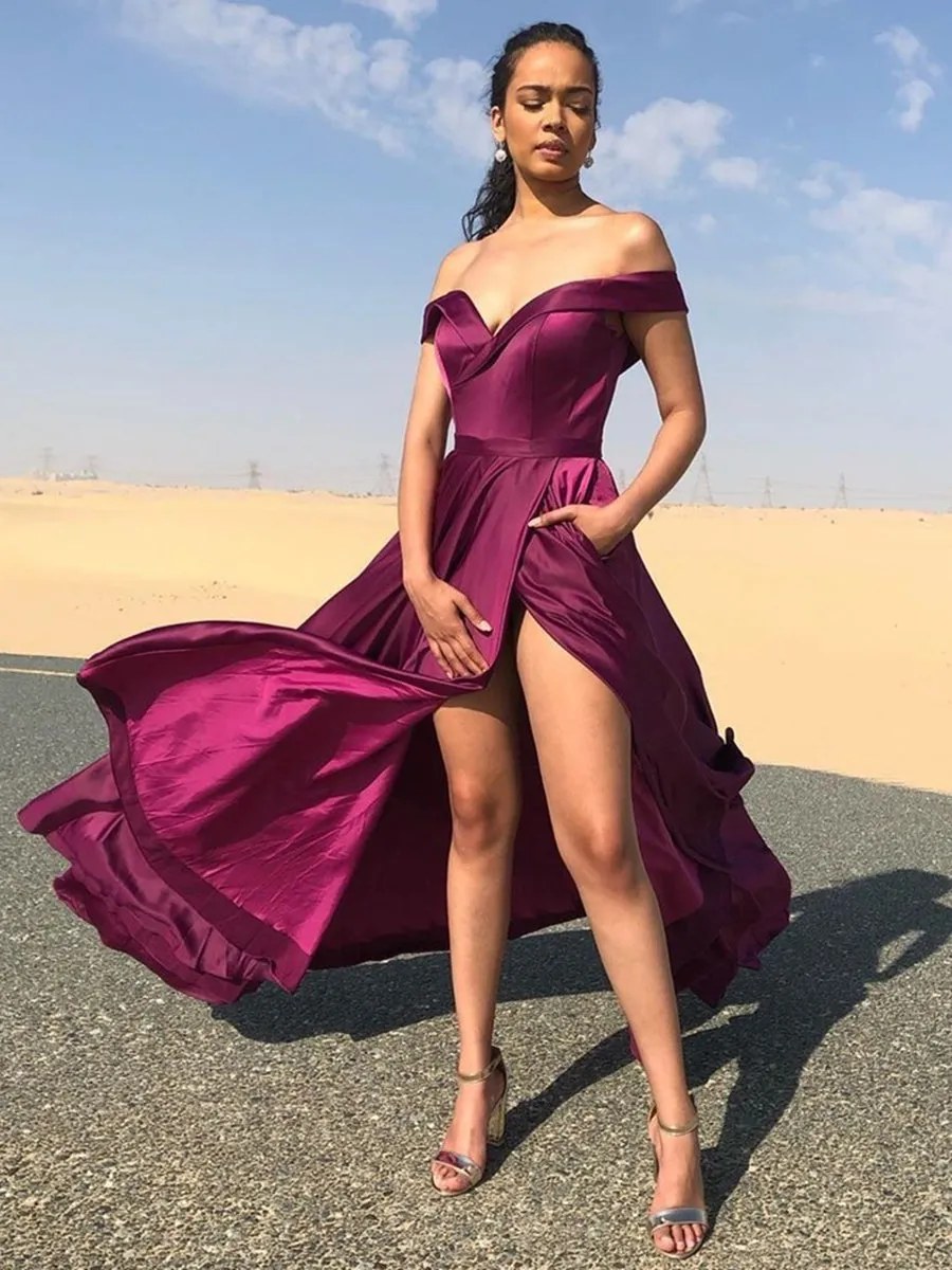 Off Shoulder Purple Long Prom Dresses with High Slit, Off the Shoulder Purple Formal Graduation Evening Dresses with
