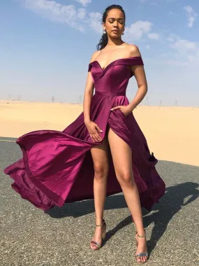 Off Shoulder Purple Long Prom Dresses with High Slit, Off the Shoulder Purple Formal Graduation Evening Dresses with