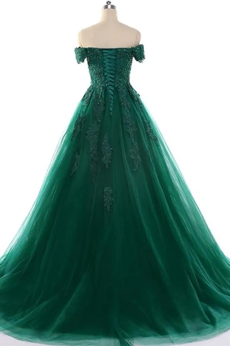 Off the Shoulder Dark Green Lace Long Prom Dress, Off Shoulder Dark Green Formal Dress, Green Lace Evening Dress