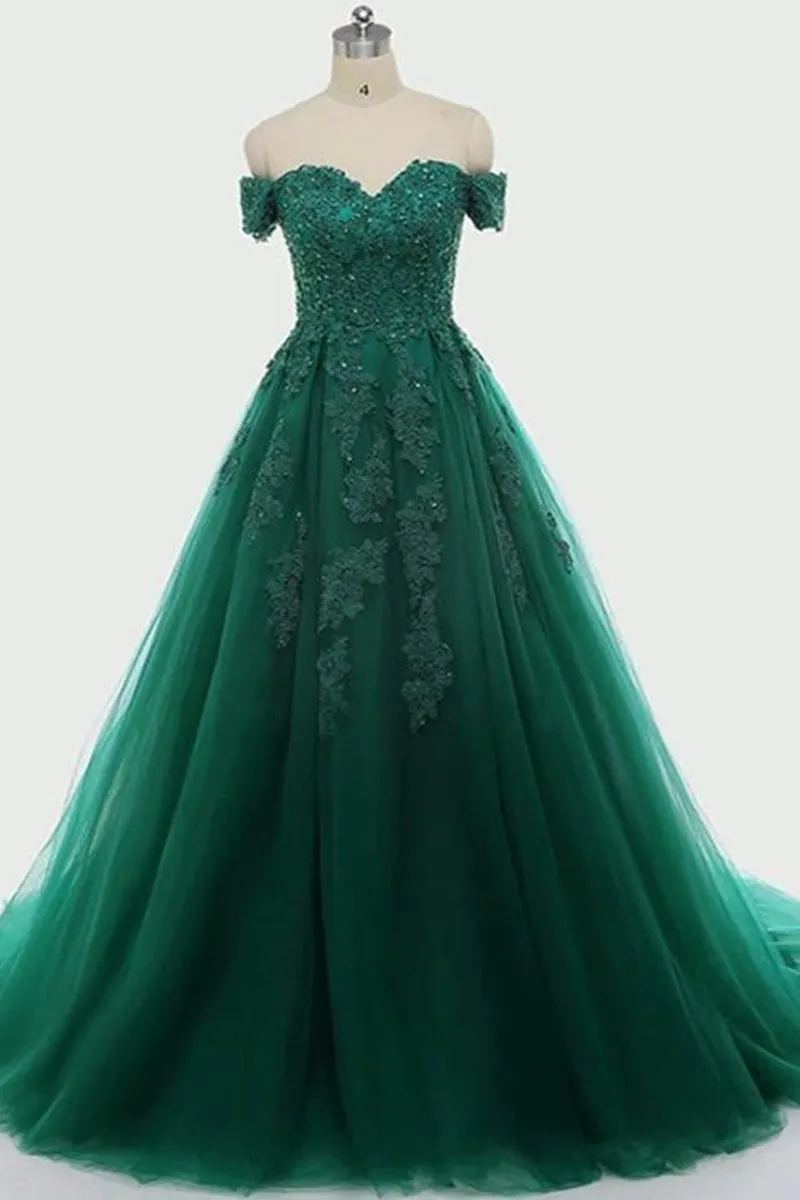 Off the Shoulder Dark Green Lace Long Prom Dress, Off Shoulder Dark Green Formal Dress, Green Lace Evening Dress