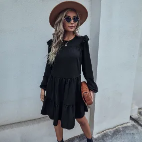 Optimize product title: Women's Loose Hepburn Style Dress with Long Sleeve in Black