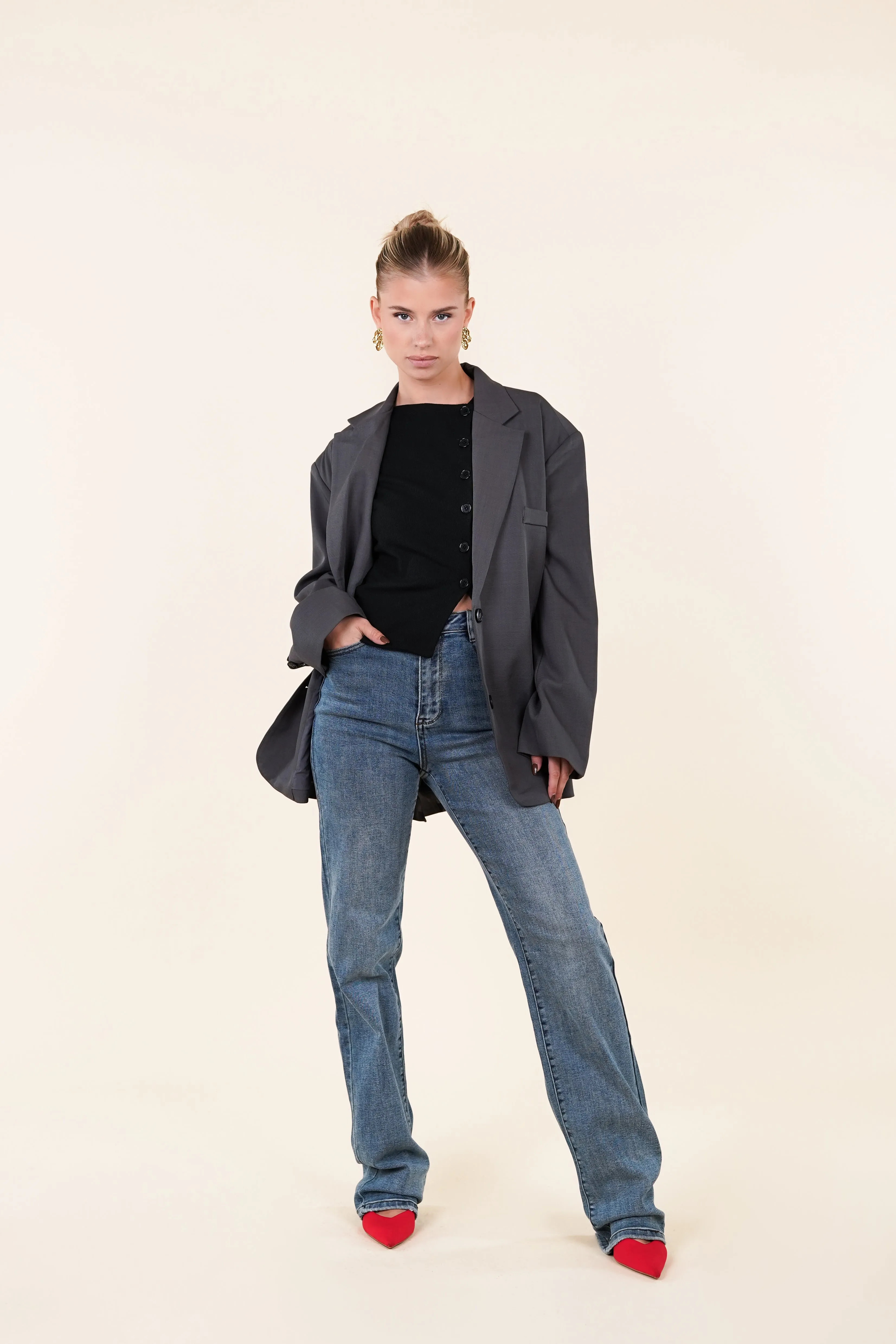 Oversized blazer met splitjes grijs - Sjuul