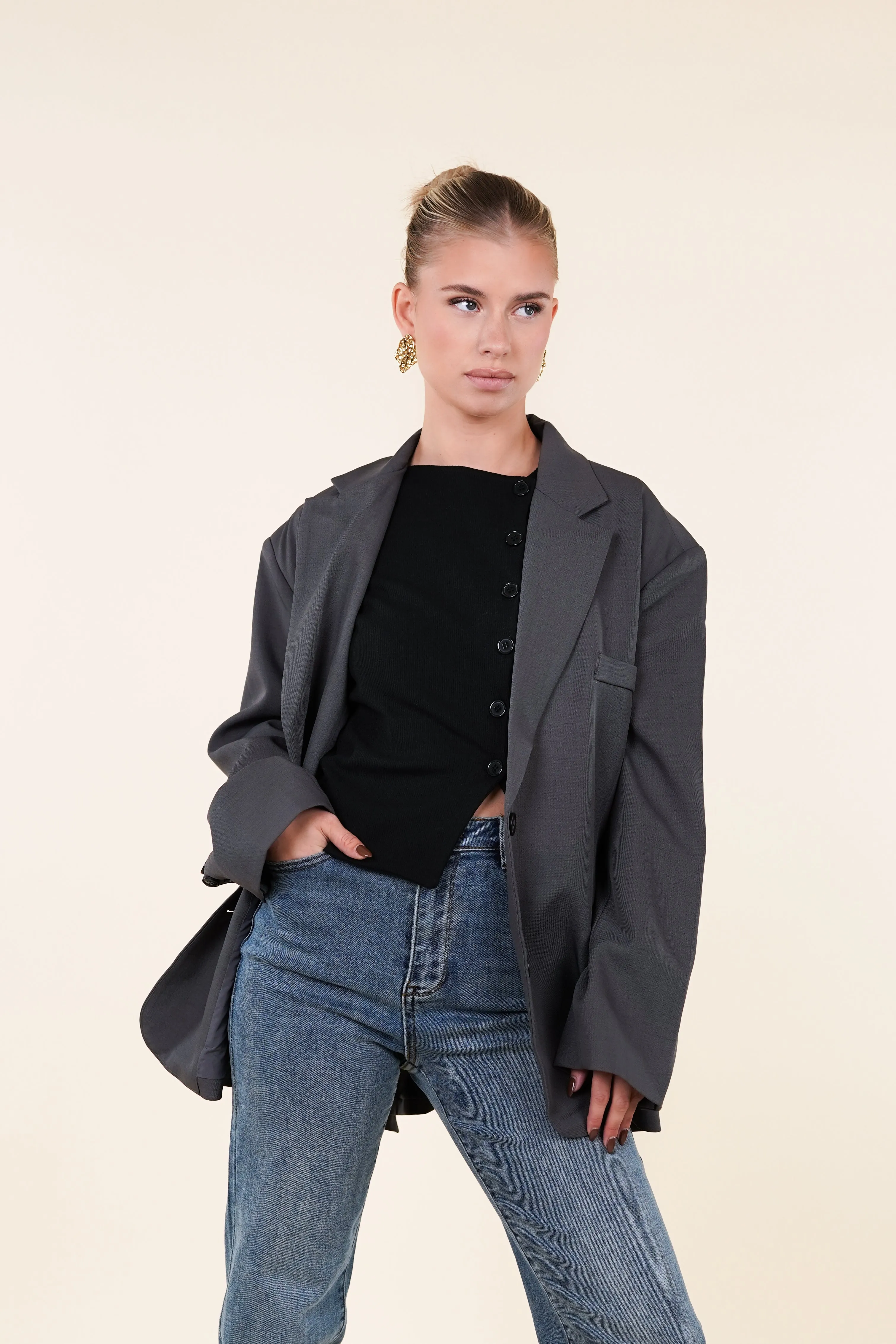 Oversized blazer met splitjes grijs - Sjuul