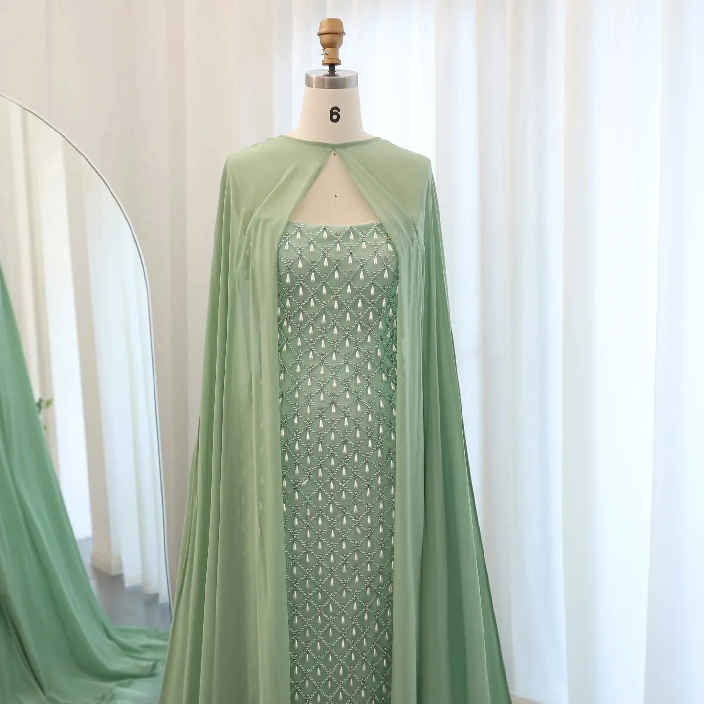 Pearl & Crystal Mermaid Evening Gown with Cape