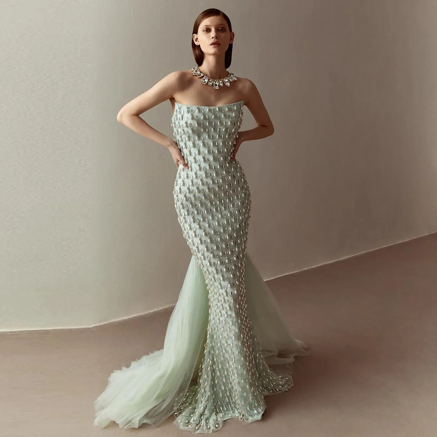 Pearl & Crystal Mermaid Evening Gown with Cape