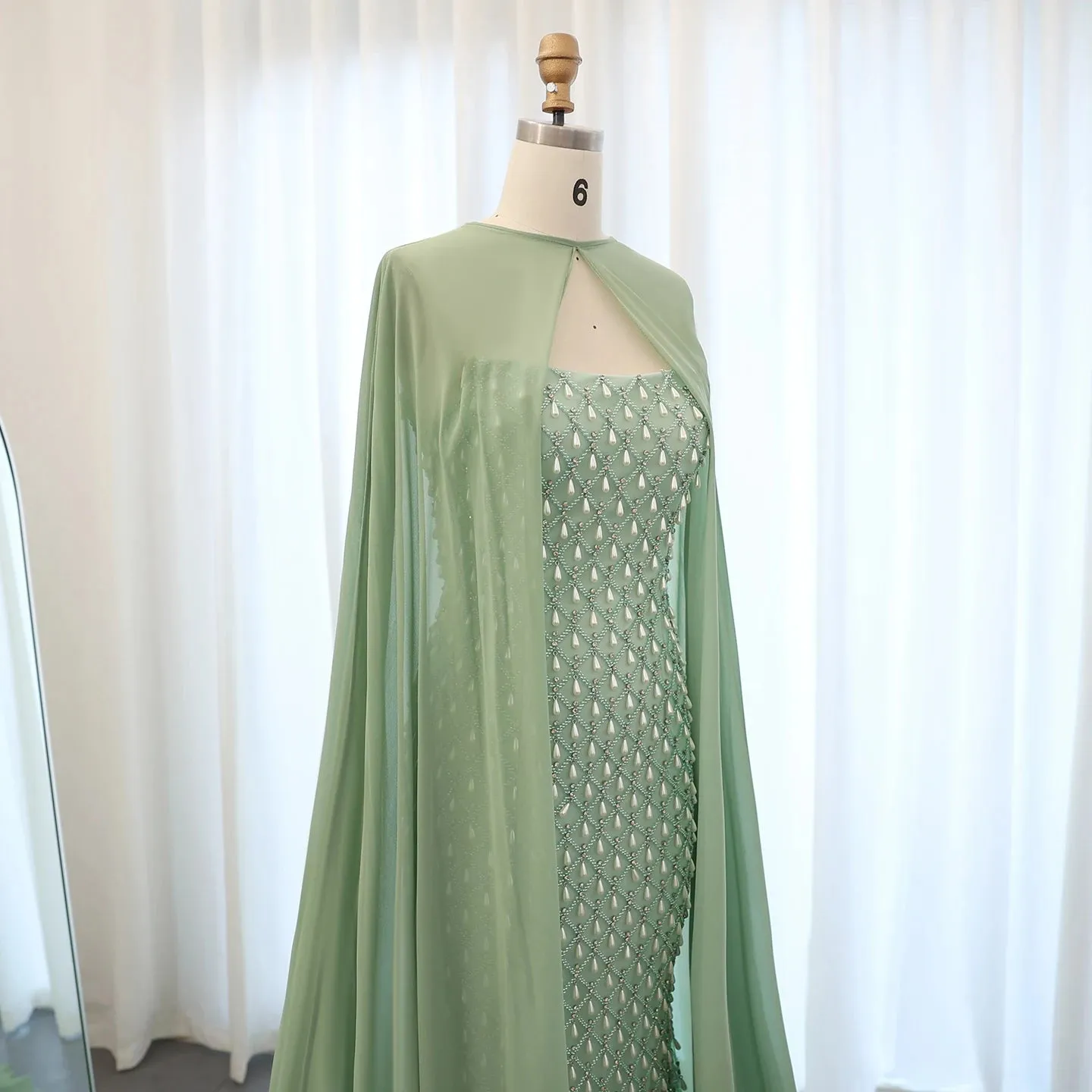 Pearl & Crystal Mermaid Evening Gown with Cape
