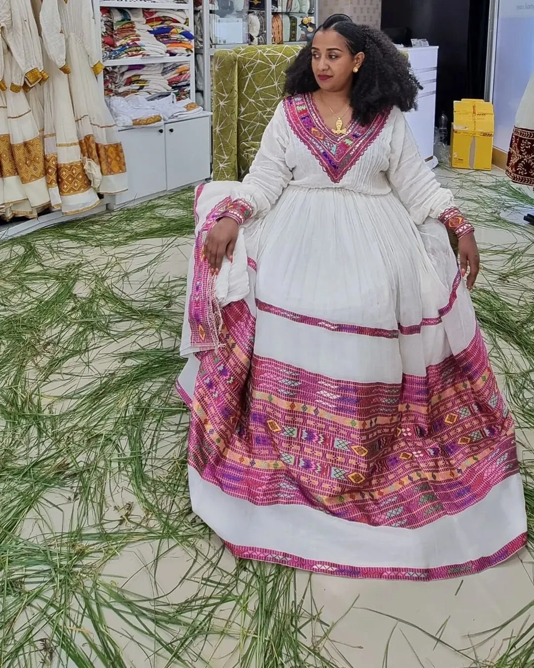 Pink Pattern Habesha Dress Handwoven Habesha Kemis Design Habesha Libs es00114