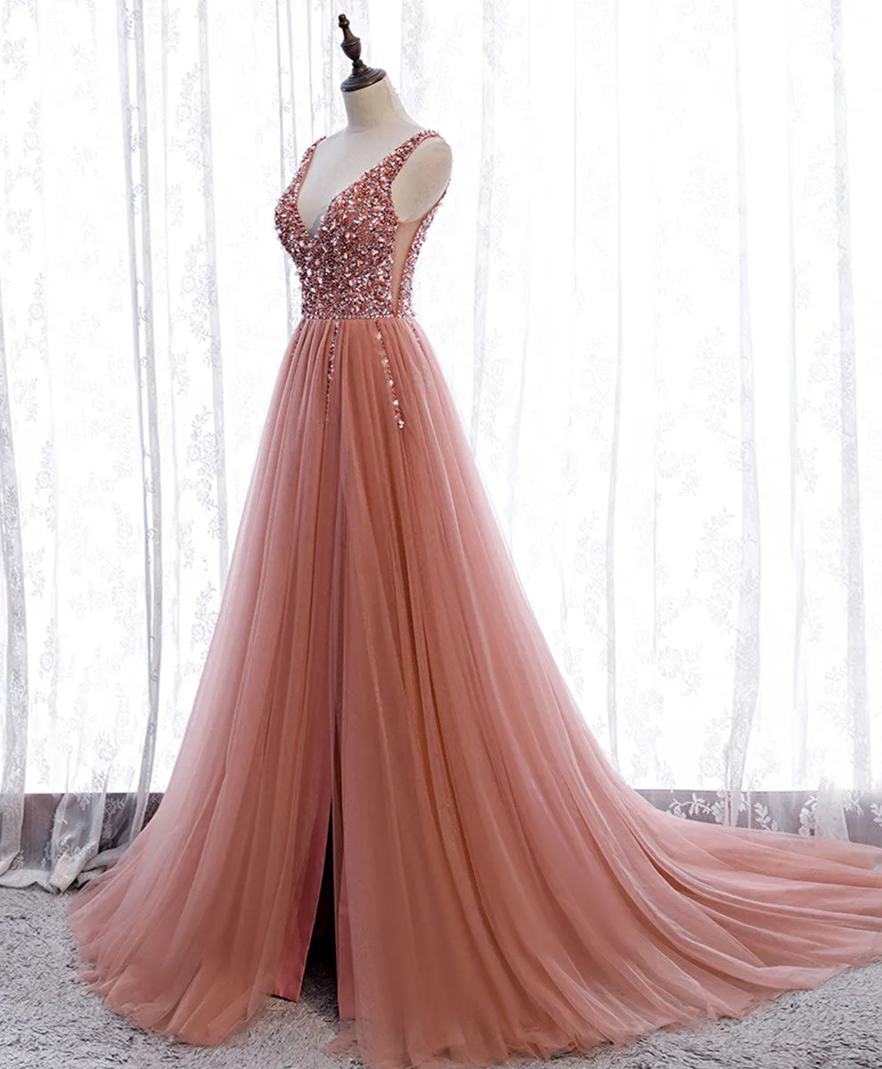Pink V Neck Tulle Sequin Long Prom Dress, A line Pink Formal Dress with Beading Sequin