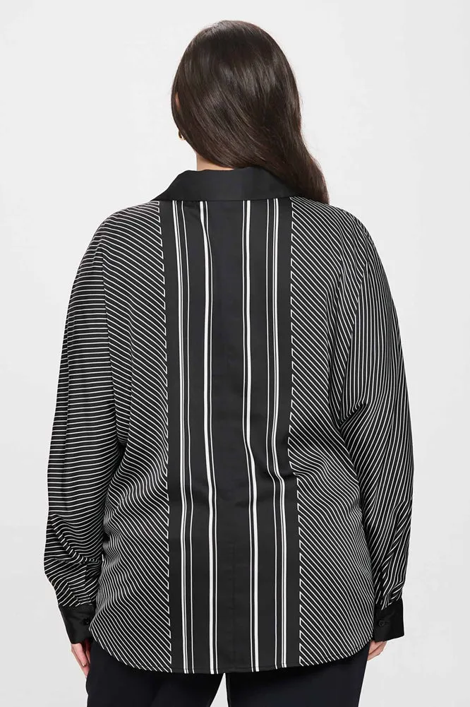 Plus Asymmetrical Striped Button Down Top in Black by Blu Pepper