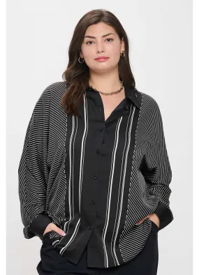 Plus Asymmetrical Striped Button Down Top in Black by Blu Pepper