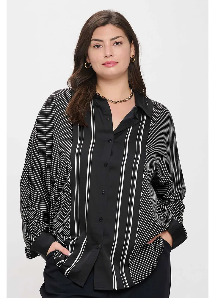Plus Asymmetrical Striped Button Down Top in Black by Blu Pepper