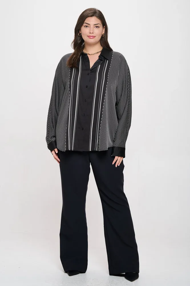 Plus Asymmetrical Striped Button Down Top in Black by Blu Pepper