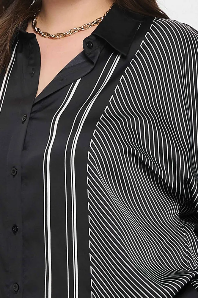 Plus Asymmetrical Striped Button Down Top in Black by Blu Pepper