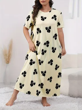 Plus Size Bow Print Lounge Dress for Women, Featuring Short Sleeves, Round Neck, and Loose Fit for Cozy Nights"