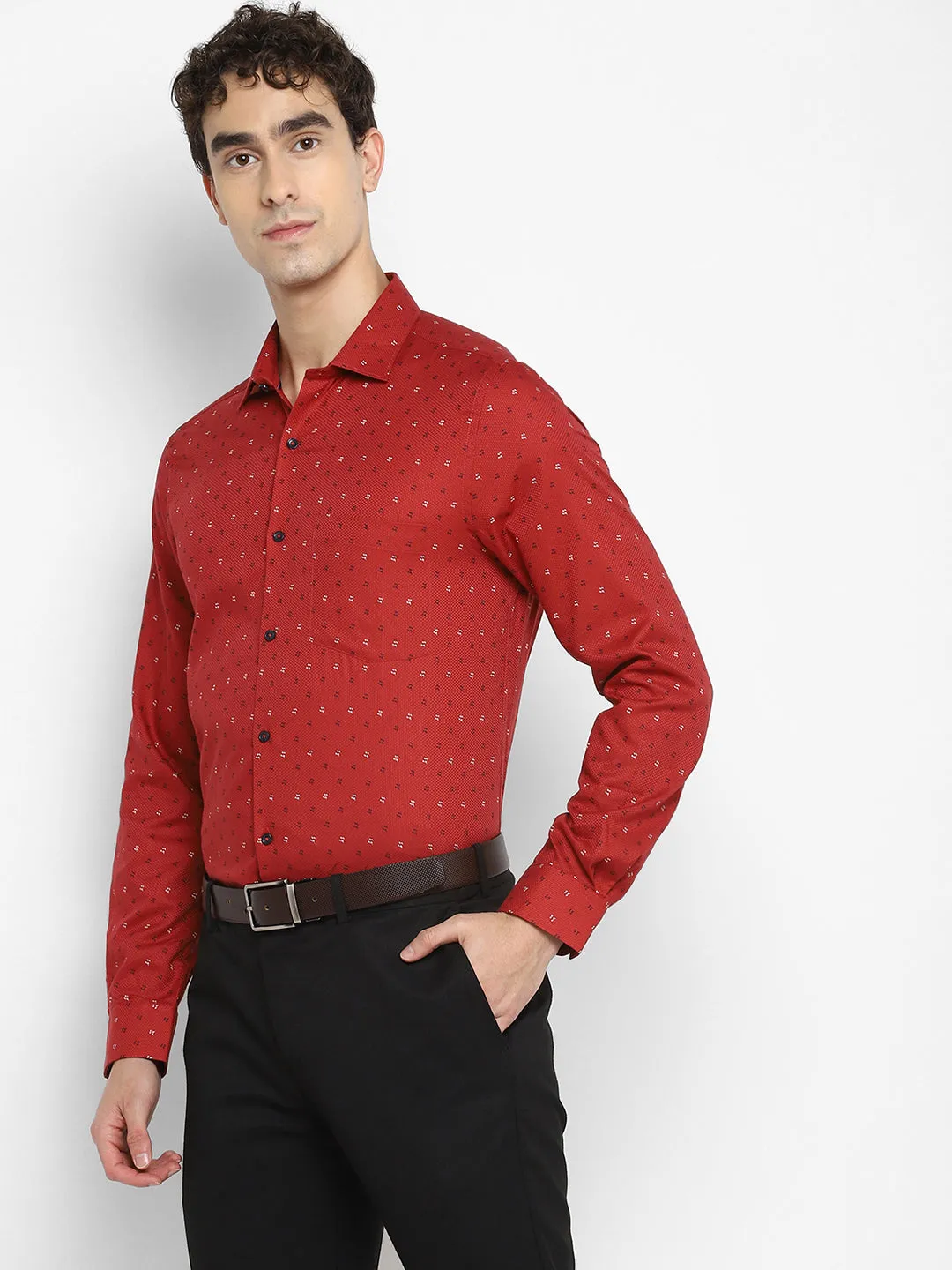 Printed Red Slim Fit Formal Shirt