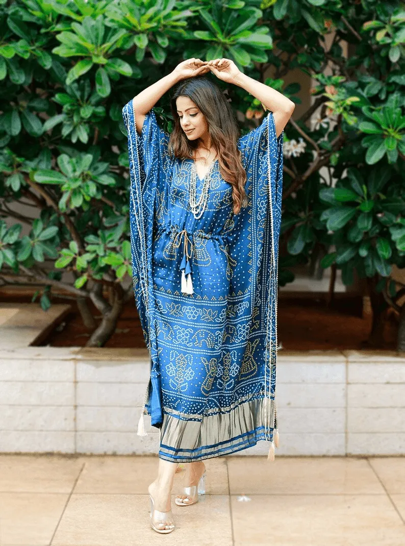 Pure Gaji Silk Bandhej Kaftan With Digital Print
