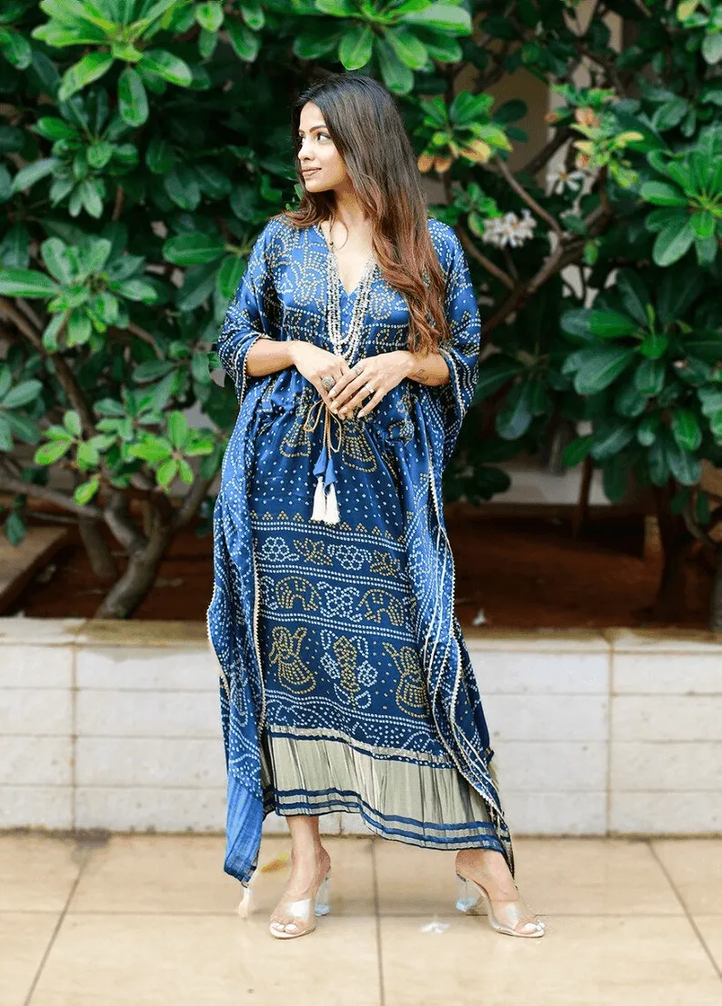 Pure Gaji Silk Bandhej Kaftan With Digital Print