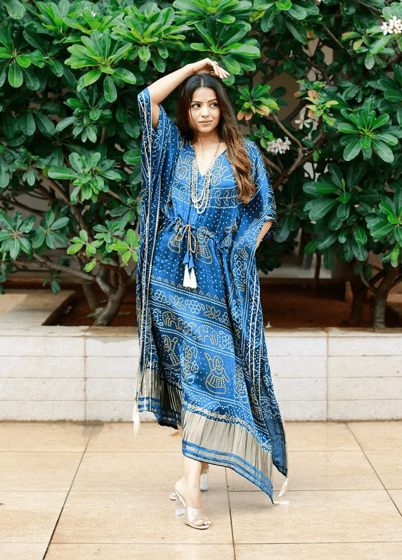 Pure Gaji Silk Bandhej Kaftan With Digital Print