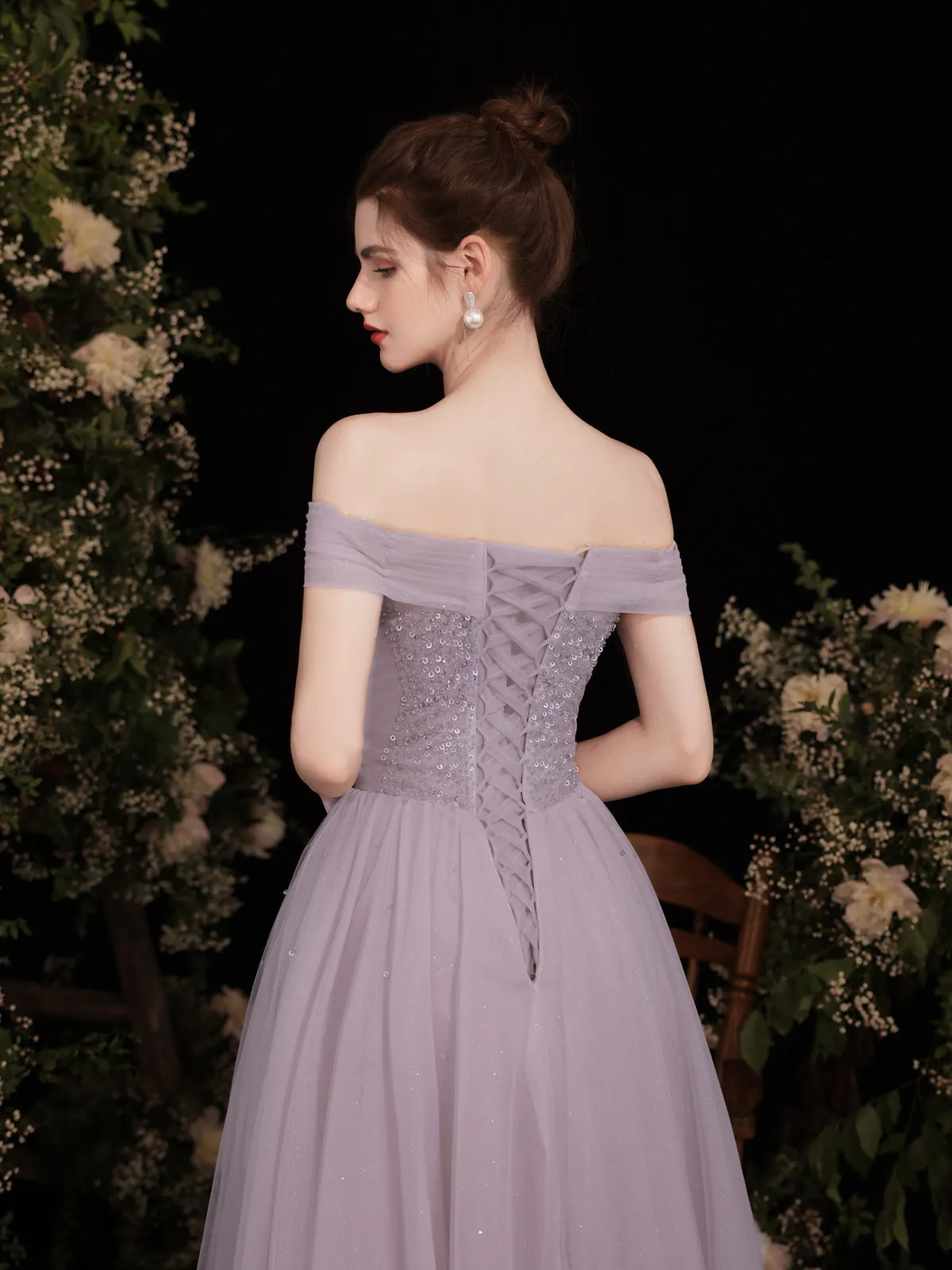 Purple Tulle Sequin Long Prom Dress, Purple Tulle Formal Dress