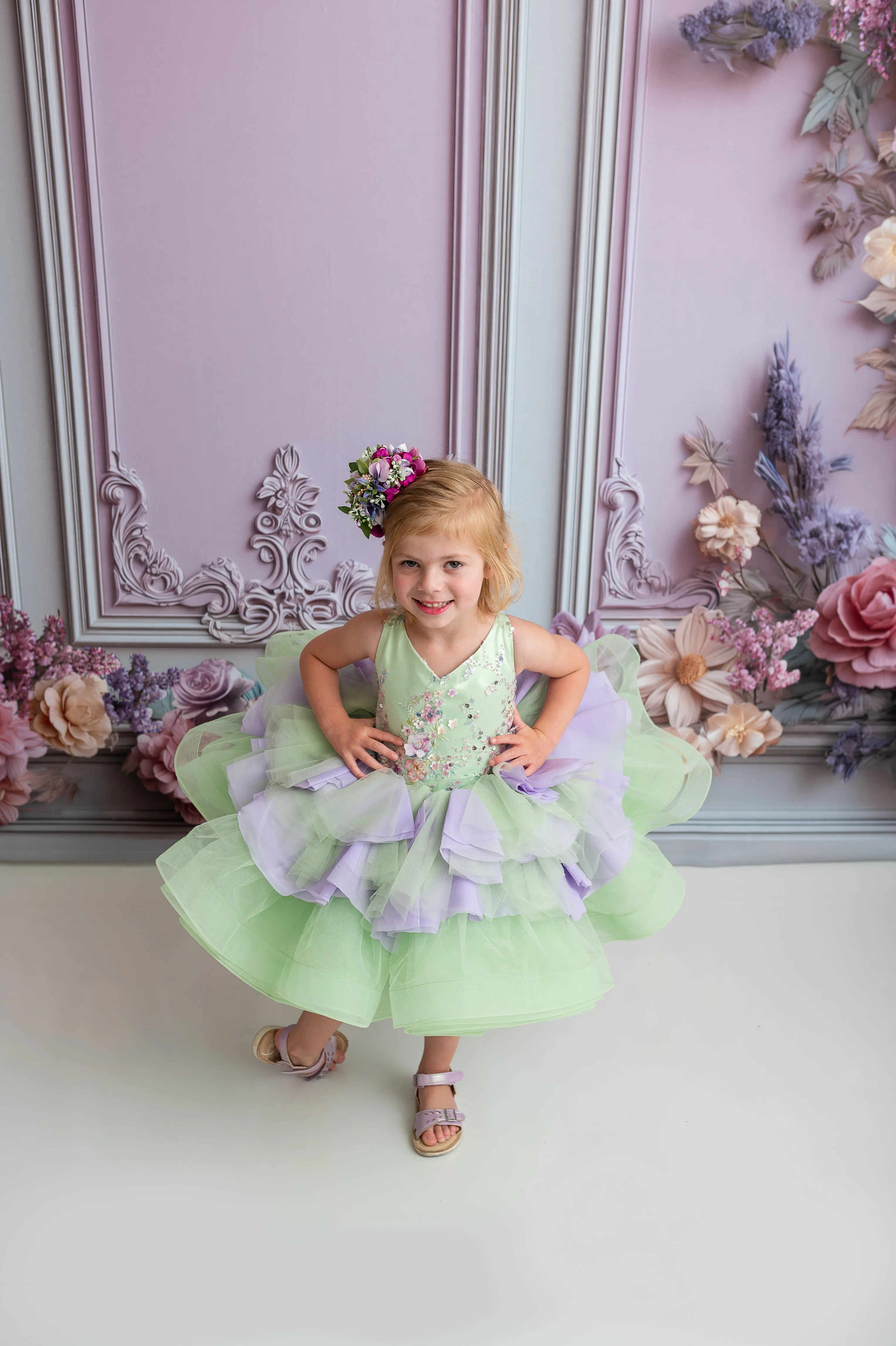 "Meadow Mist " -   Petal length dress  ( 4 Year - Petite 7)