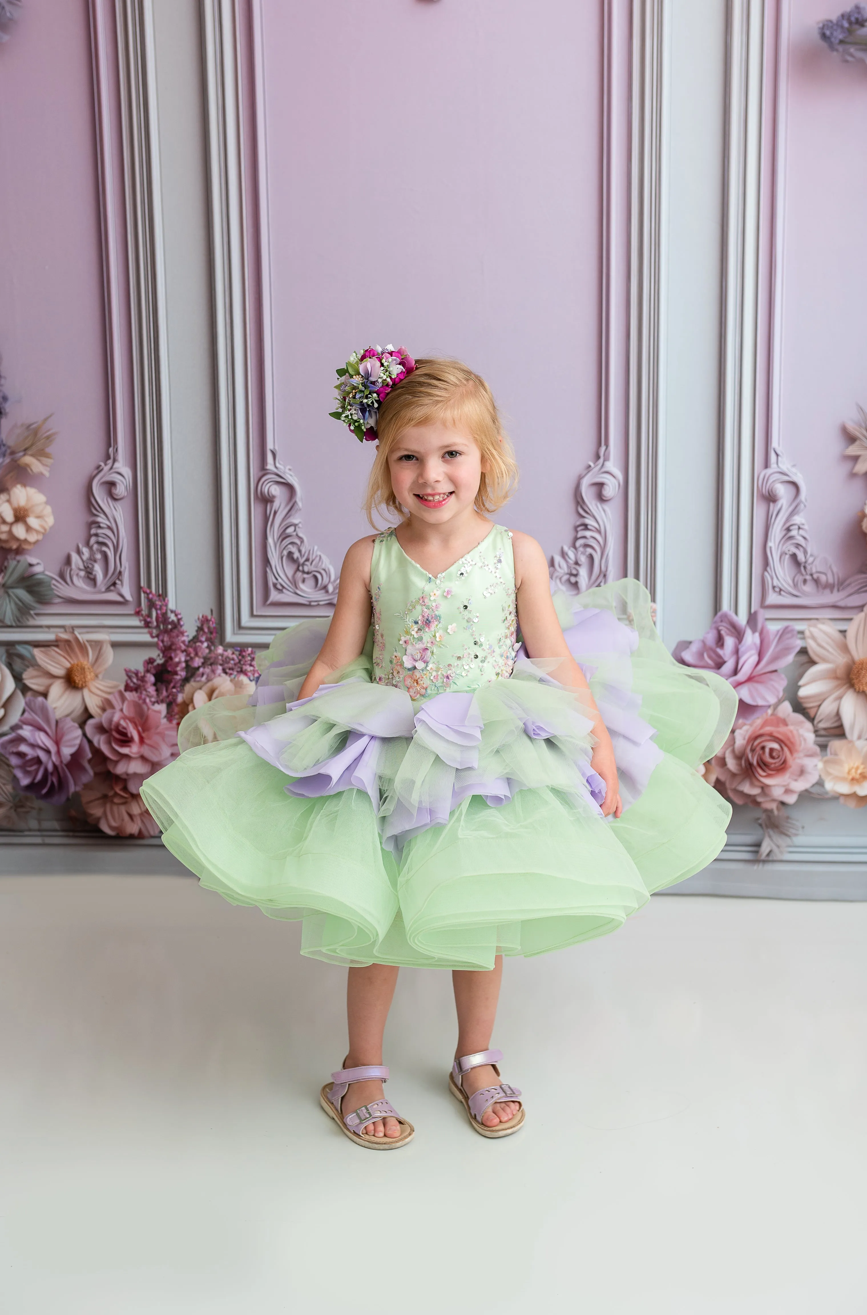 "Meadow Mist " -   Petal length dress  ( 4 Year - Petite 7)