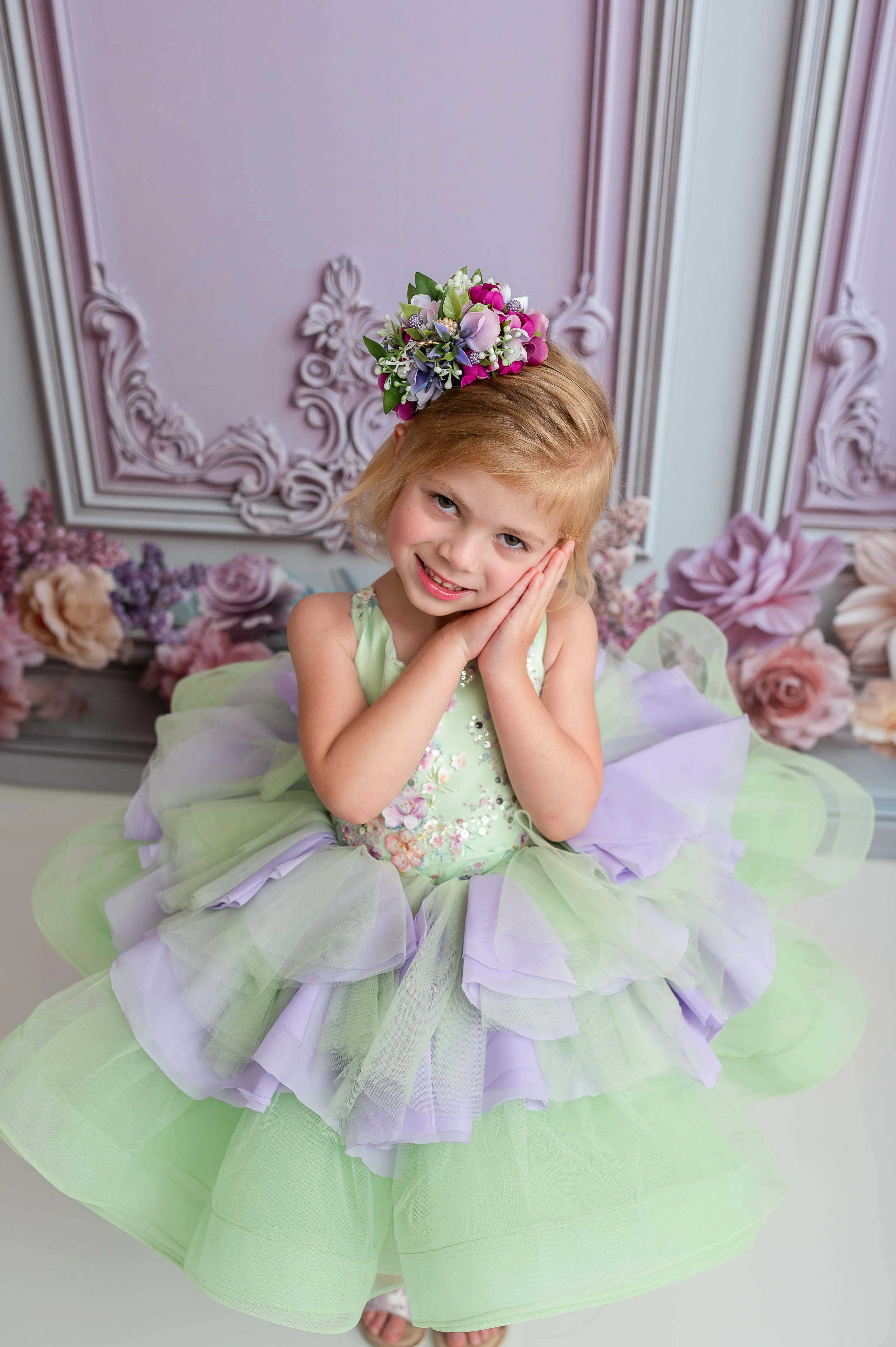 "Meadow Mist " -   Petal length dress  ( 4 Year - Petite 7)