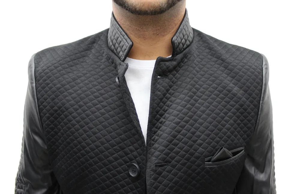 "Moein" Black Blazer With Leather Details On Sleeve And Collar