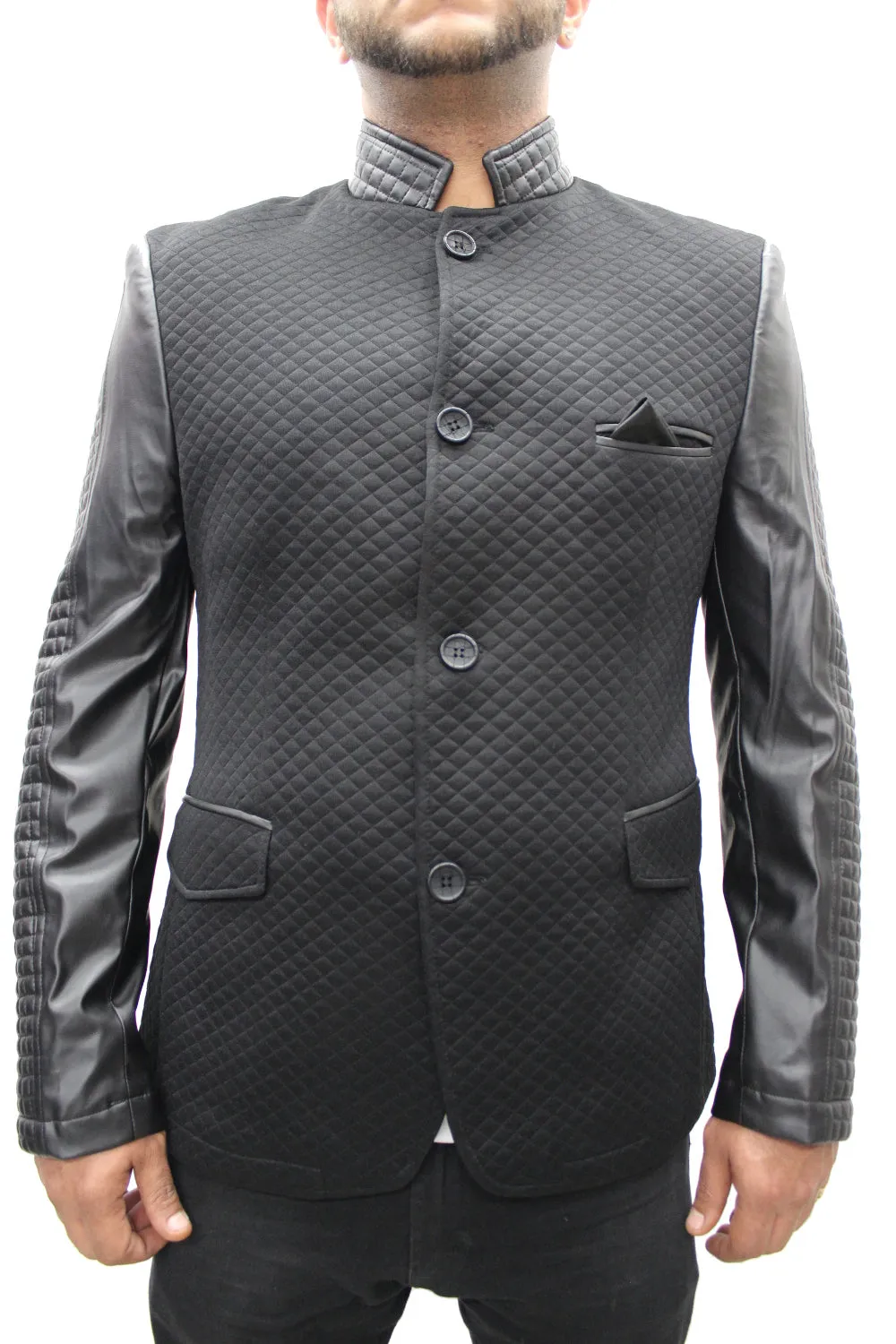 "Moein" Black Blazer With Leather Details On Sleeve And Collar