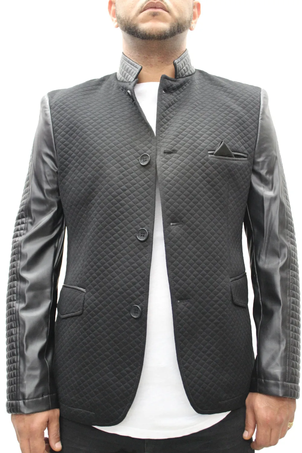 "Moein" Black Blazer With Leather Details On Sleeve And Collar