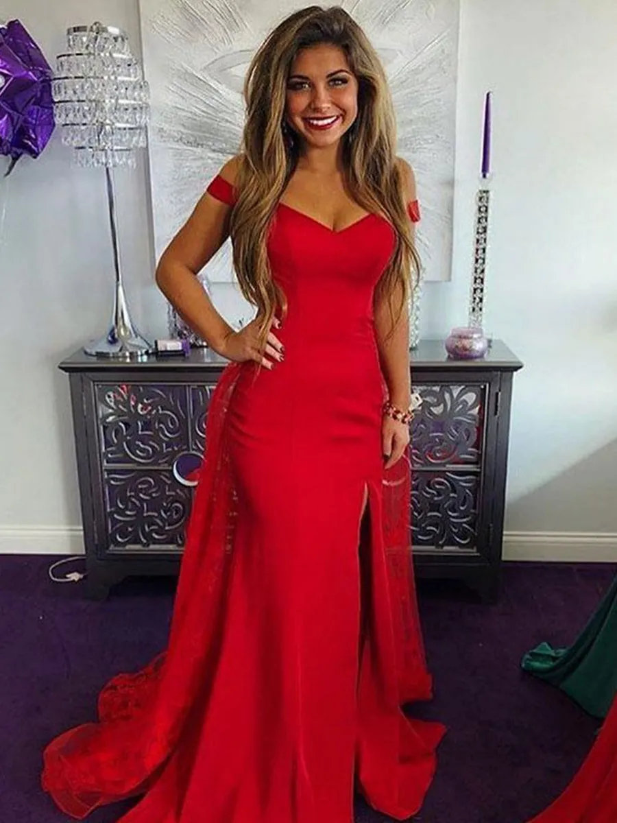 Red Off Shoulder Mermaid Lace Long Prom Dresses with Slit, Off Shoulder Lace Red Formal Graduation Evening Dresses