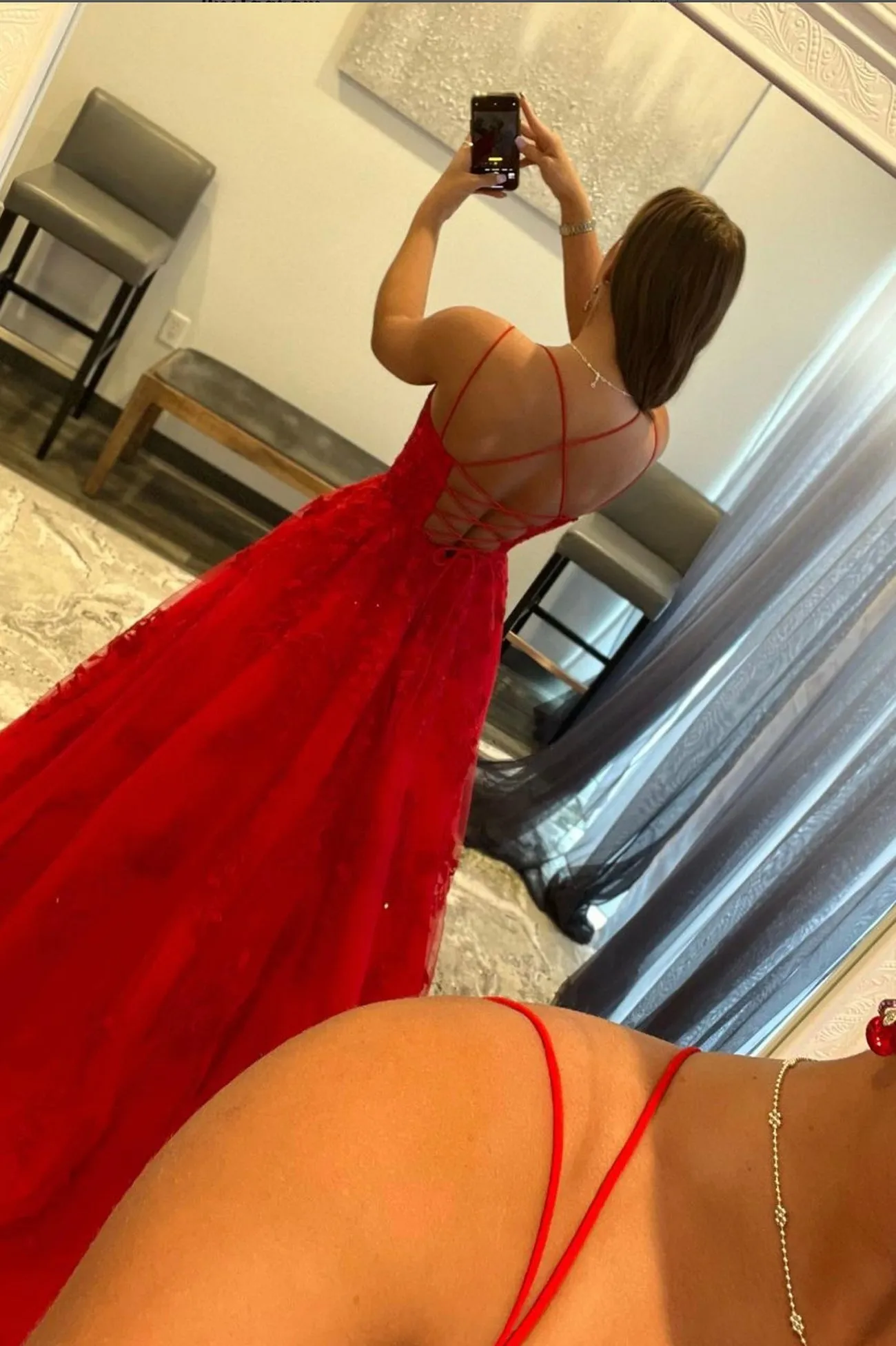 Red Tulle Long Prom Dress with Lace, A-Line Backless Evening Graduation Dress