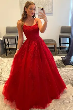Red Tulle Long Prom Dress with Lace, A-Line Backless Evening Graduation Dress