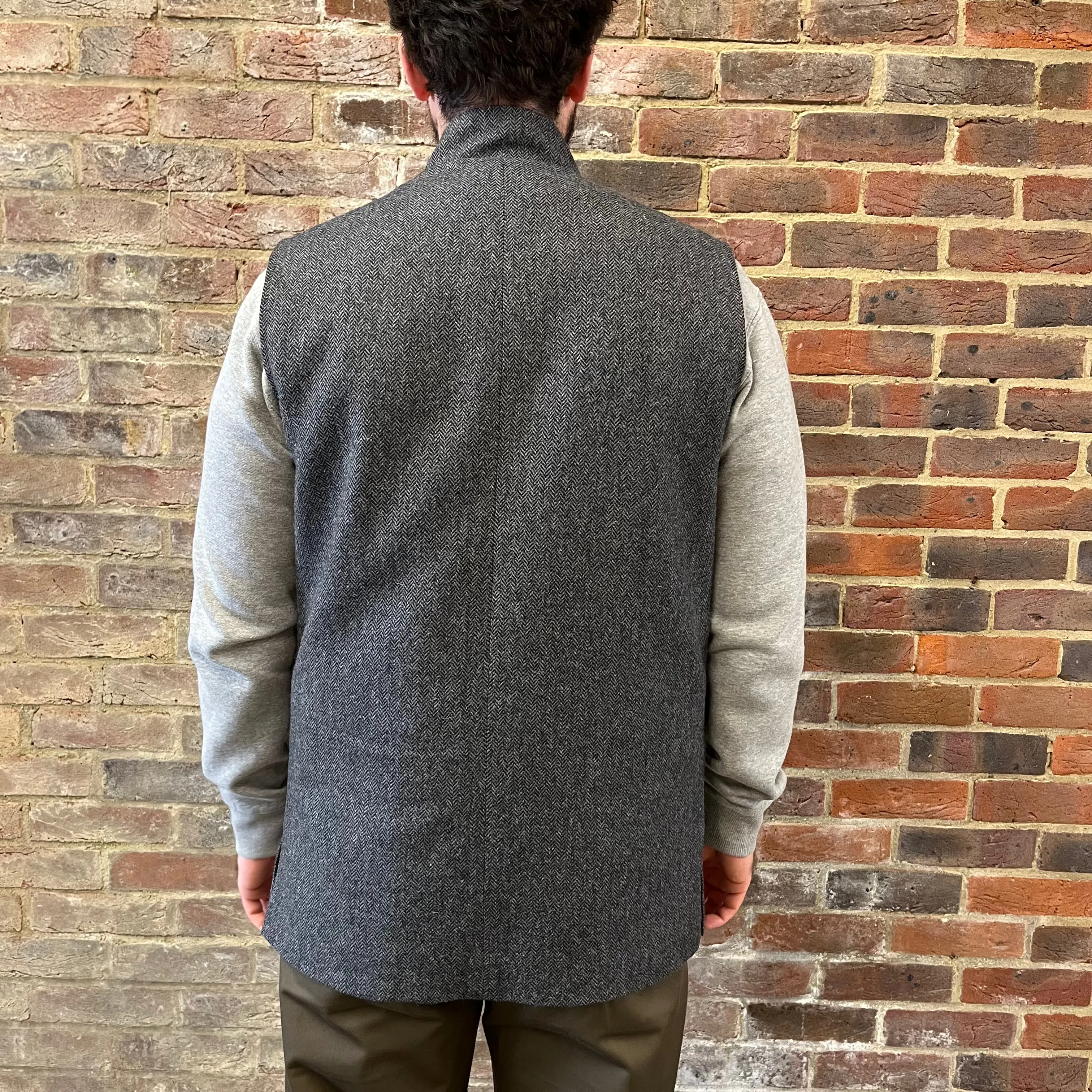 Regent - 'Barney' Nehru Collar Gilet - Charcoal Herringbone Wool