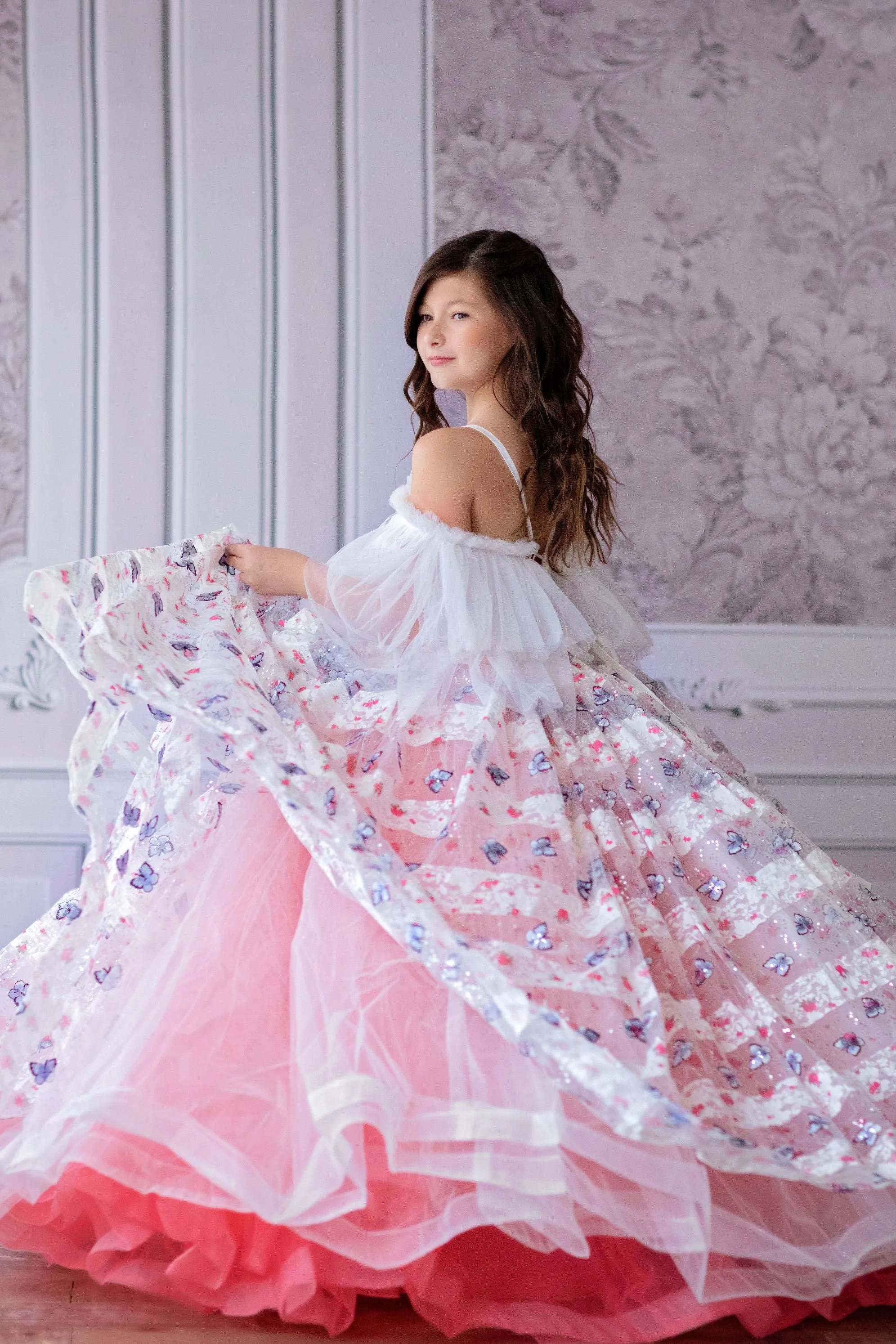 RETIRED RENTAL  EUC "Amelie"  -  Floor Length Dress White/Coral Flutter sleeve  ( 6 Year - Petite 7 Year)
