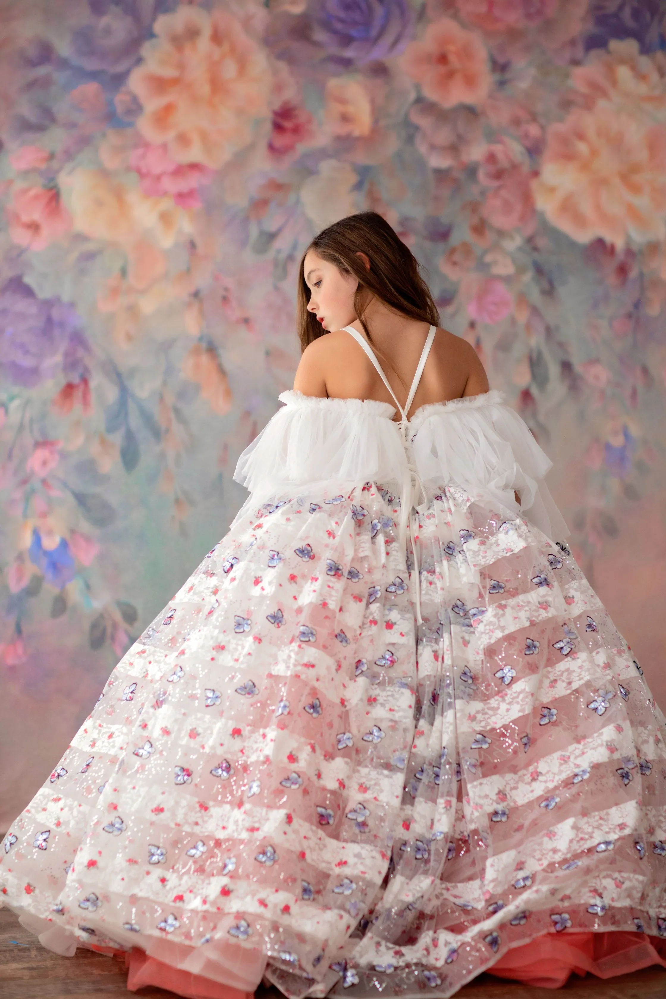 RETIRED RENTAL  EUC "Amelie"  -  Floor Length Dress White/Coral Flutter sleeve  ( 6 Year - Petite 7 Year)