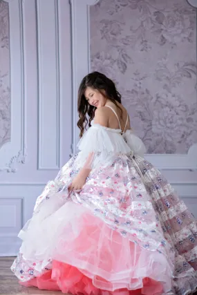 RETIRED RENTAL  EUC "Amelie"  -  Floor Length Dress White/Coral Flutter sleeve  ( 6 Year - Petite 7 Year)
