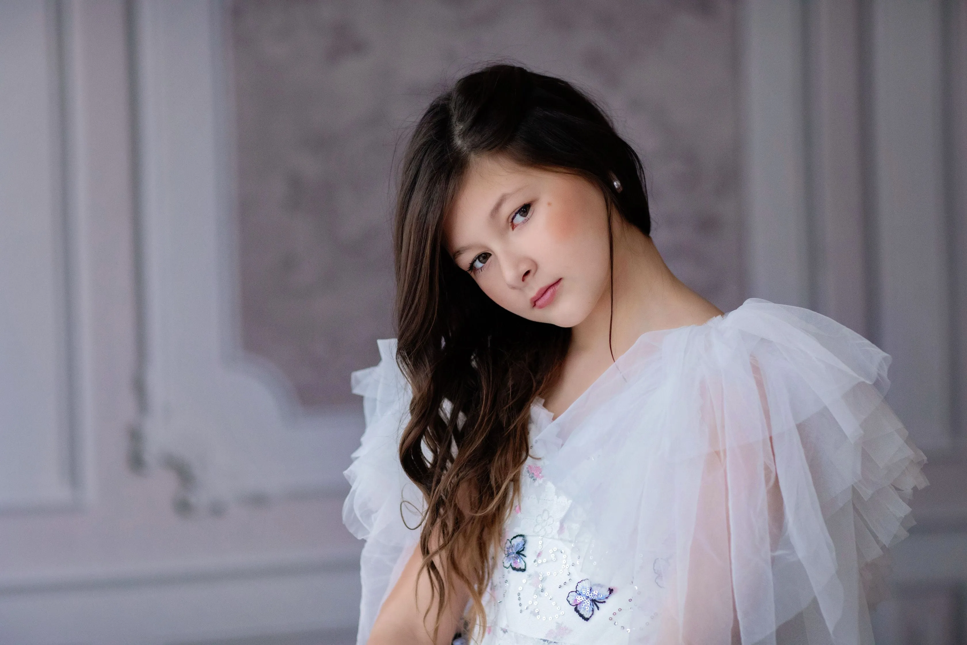 RETIRED RENTAL  EUC "Amelie"  -  Floor Length Dress White/Coral Flutter sleeve  ( 6 Year - Petite 7 Year)