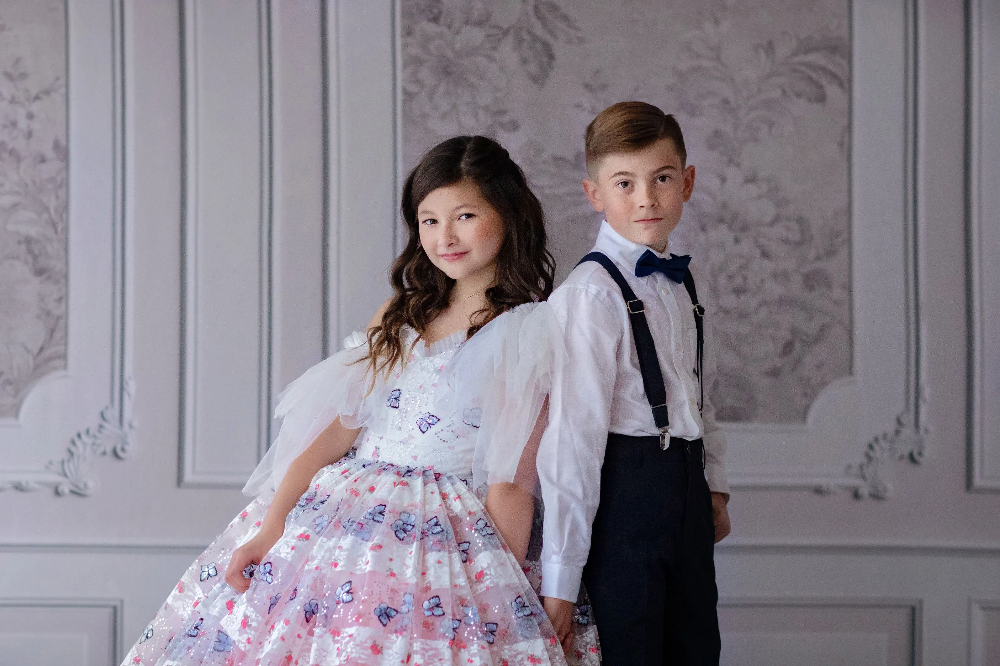 RETIRED RENTAL  EUC "Amelie"  -  Floor Length Dress White/Coral Flutter sleeve  ( 6 Year - Petite 7 Year)