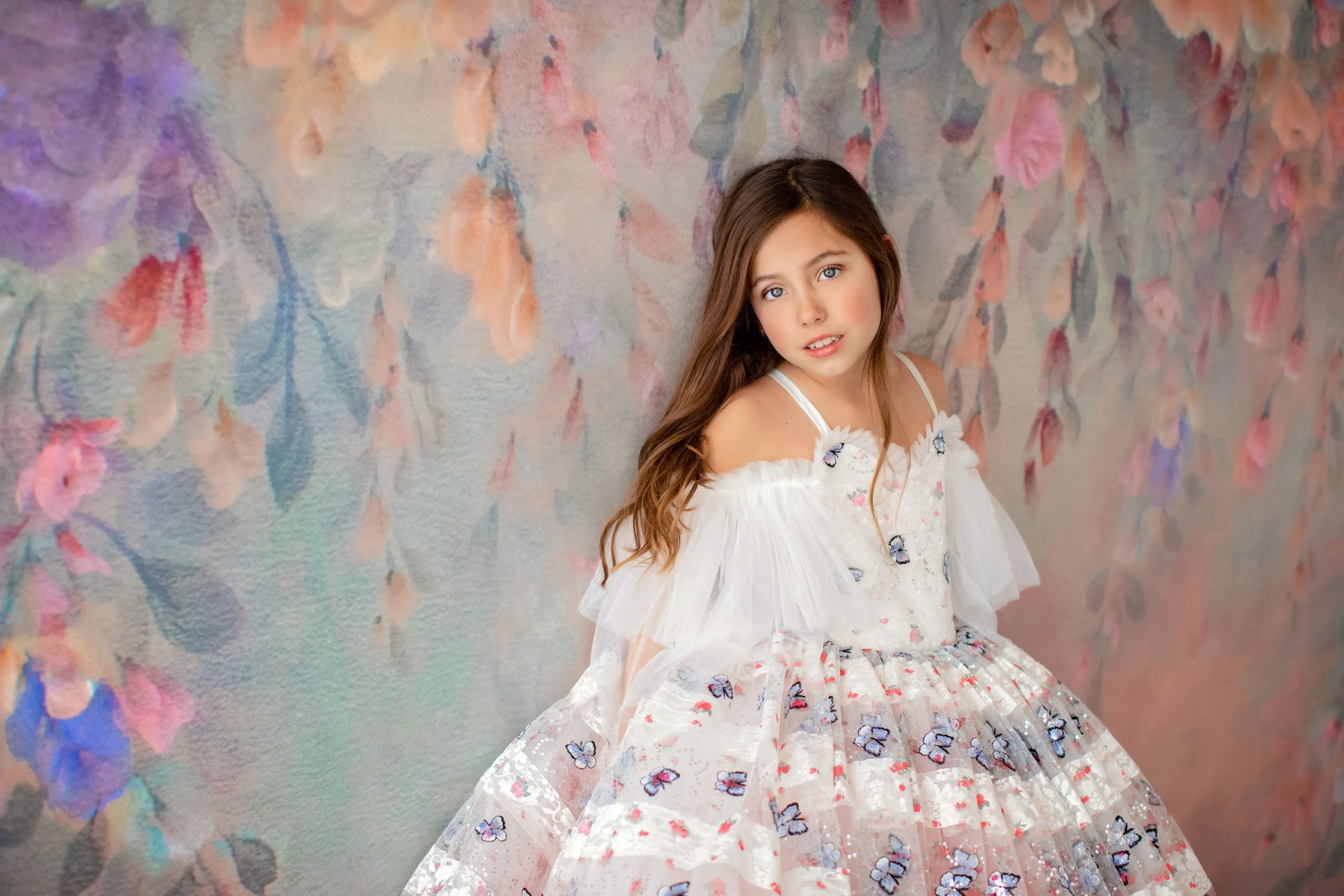 RETIRED RENTAL  EUC "Amelie"  -  Floor Length Dress White/Coral Flutter sleeve  ( 6 Year - Petite 7 Year)