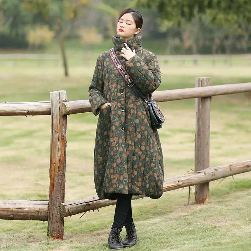 Retro Floral Stand-Up Collar Loose Fit Fleece Coat for Women