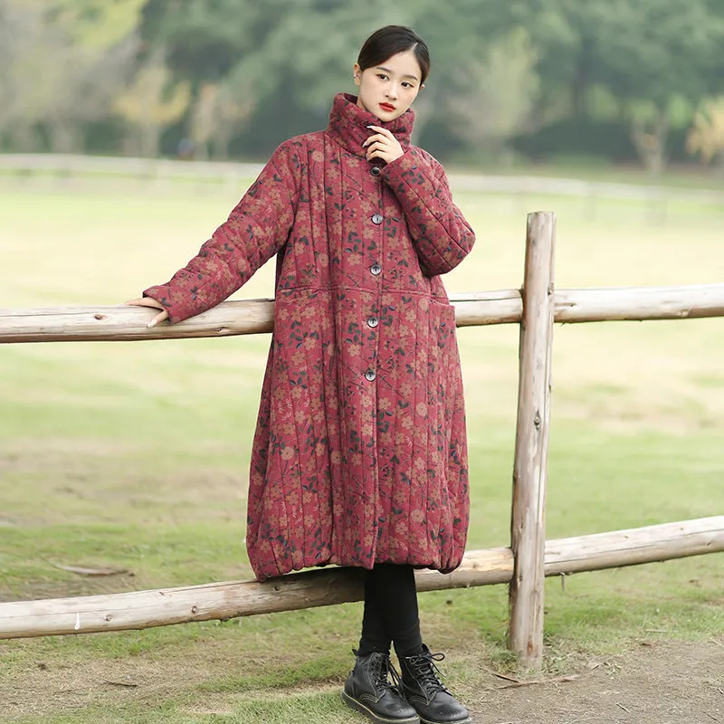 Retro Floral Stand-Up Collar Loose Fit Fleece Coat for Women