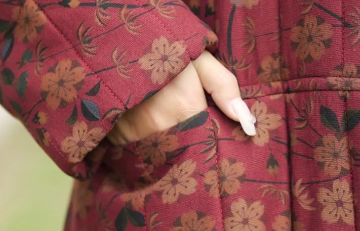 Retro Floral Stand-Up Collar Loose Fit Fleece Coat for Women