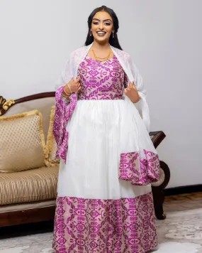 Royal Radiance: Modern Ethiopian Habesha Dress in Exquisite Purple Habesha Kemis Design