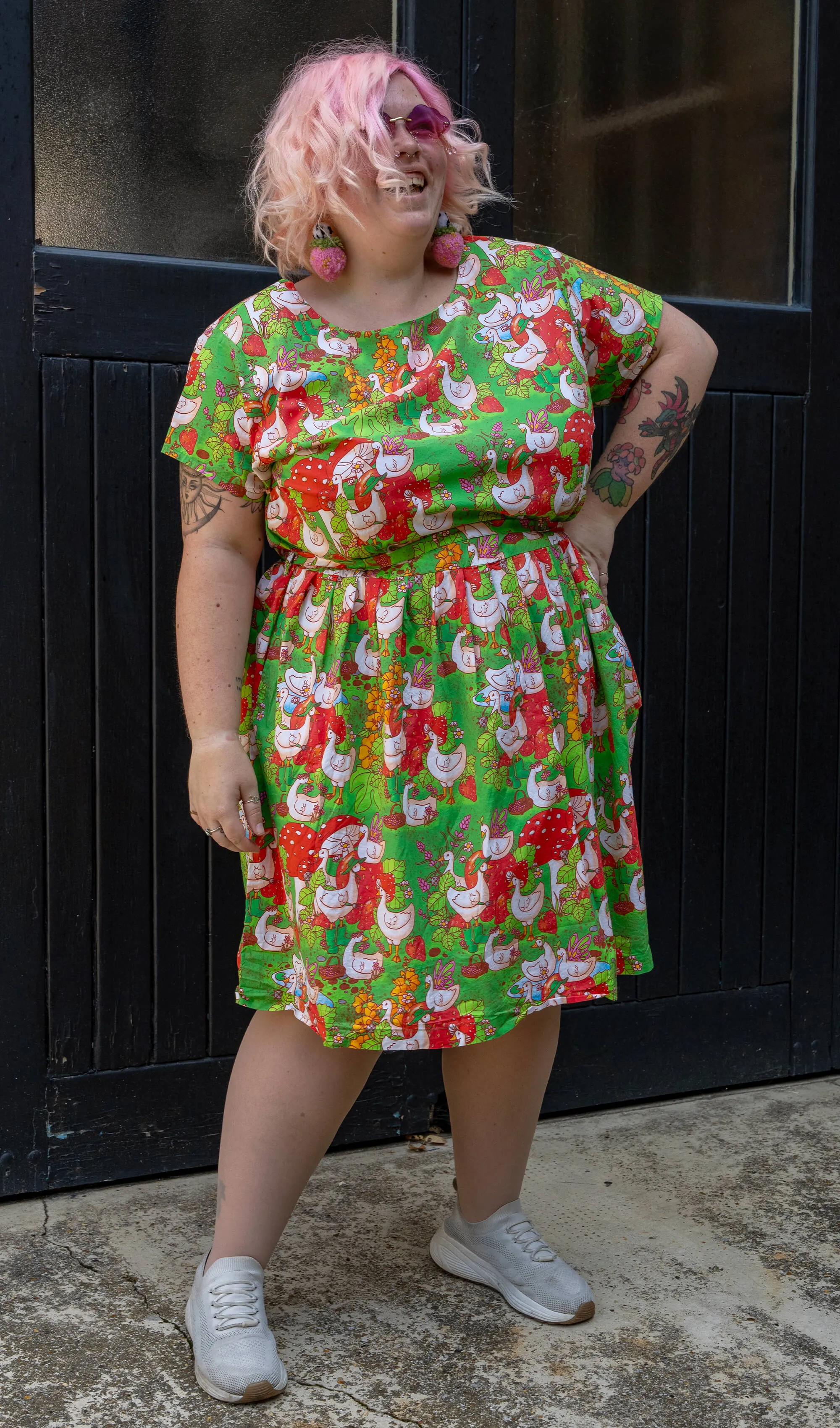 Run & Fly x The Mushroom Babes In The Geese Garden Stretch Belted Tea Dress with Pockets