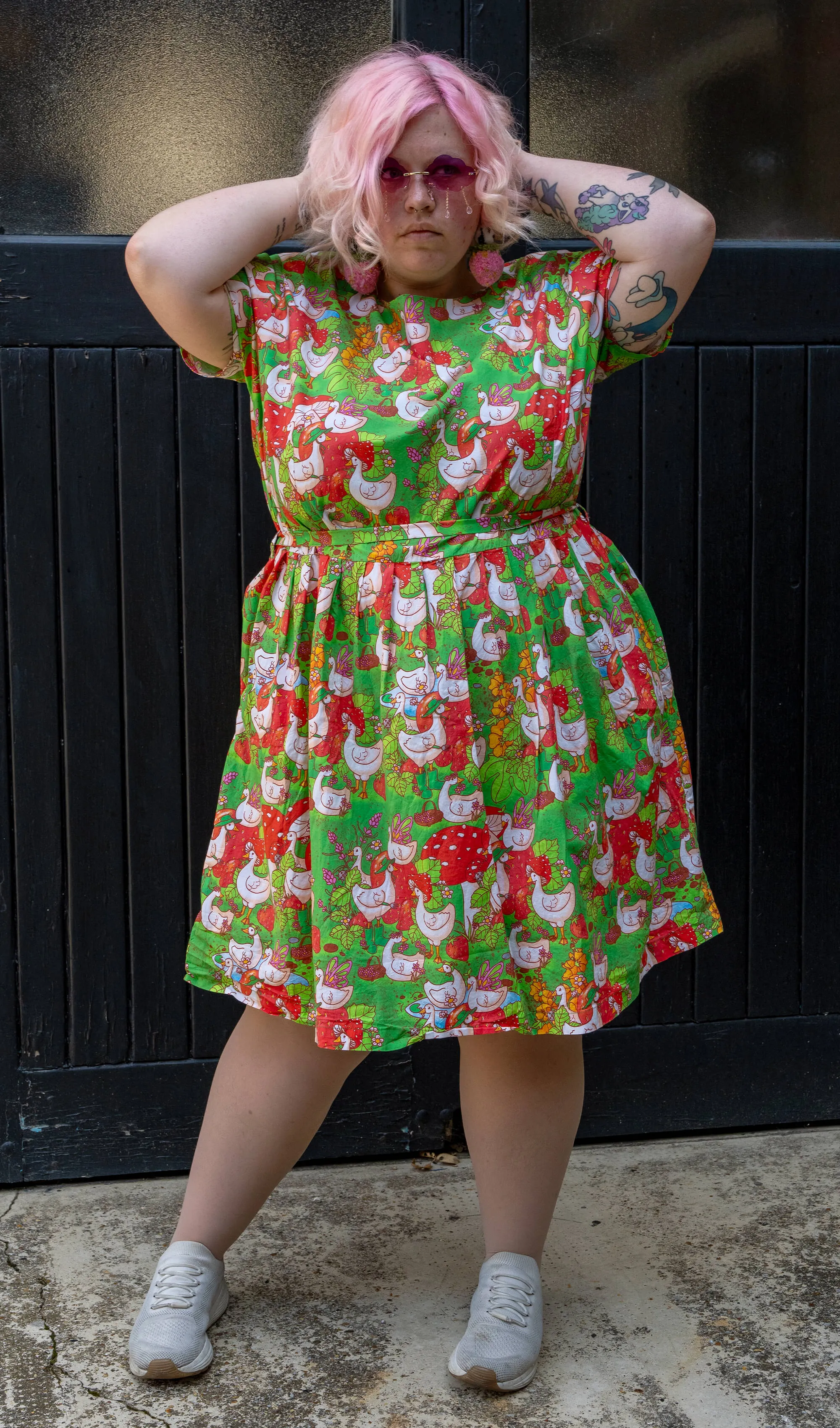 Run & Fly x The Mushroom Babes In The Geese Garden Stretch Belted Tea Dress with Pockets
