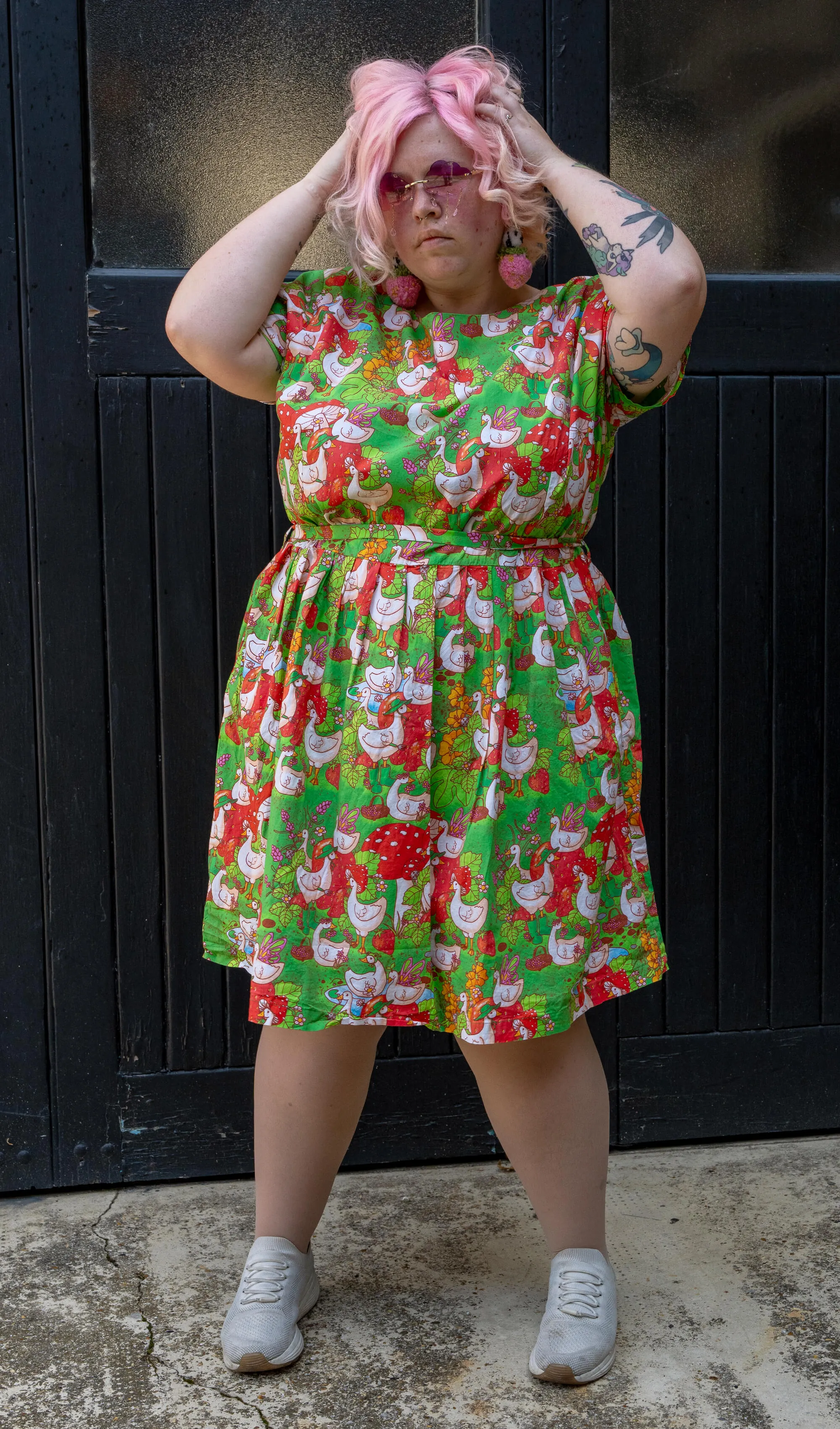 Run & Fly x The Mushroom Babes In The Geese Garden Stretch Belted Tea Dress with Pockets