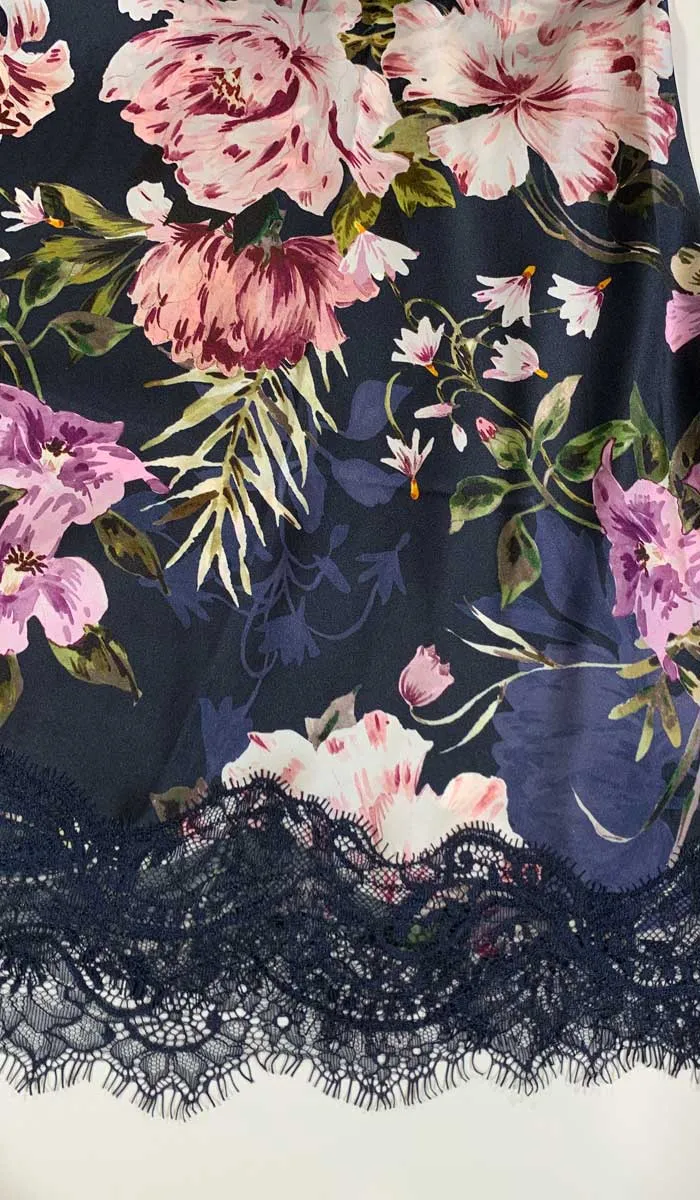 Sainted Sisters 100% Silk Chemise with Lace Navy Floral Scarlett L32002